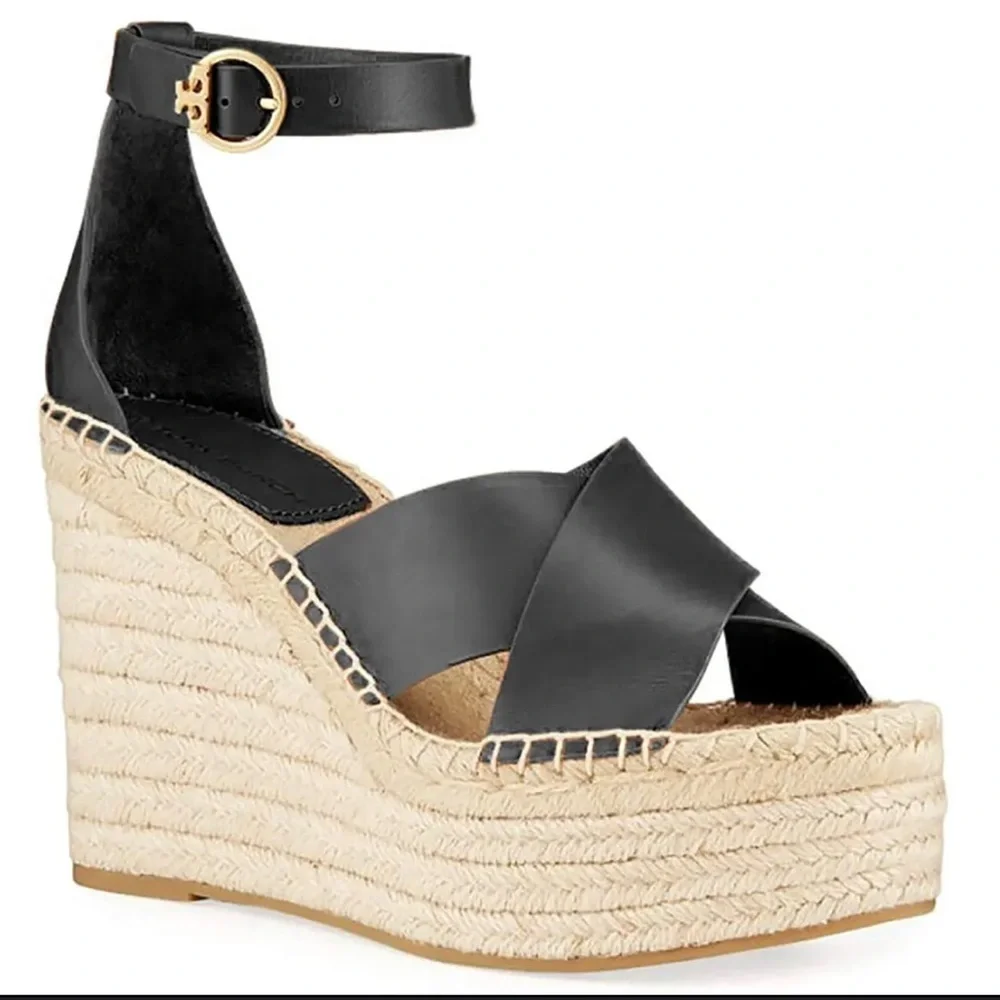 Tory Burch Women Espadrilles Black Leather High Heel Sandals size 8.5​​